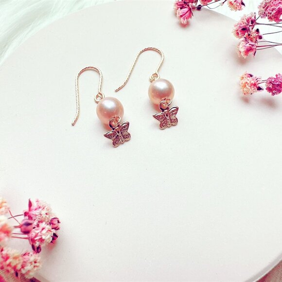 New Light Purple Freshwater Pearl Earrings with Butterfly Charm | Handmade in BC - Picture 4 of 8